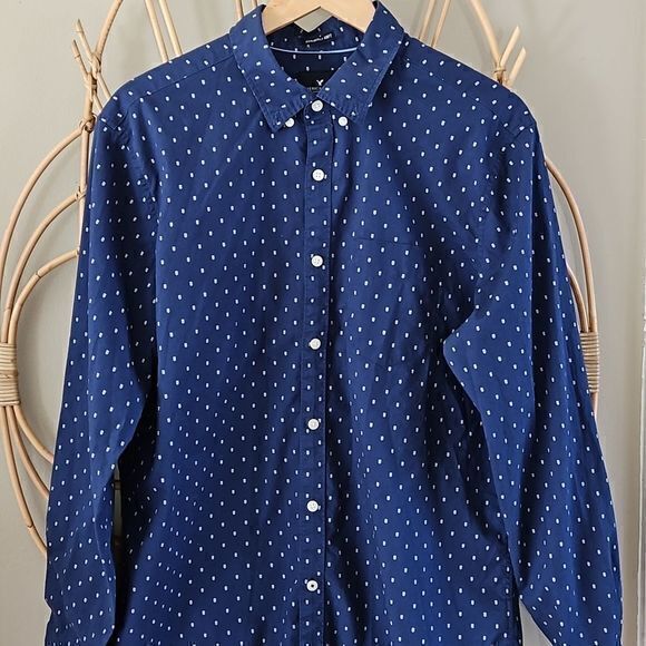 American Eagle Men's Blue Chevron‎ Dotted Long Sleeve Button Down Shirt Sz L - Picture 2 of 13